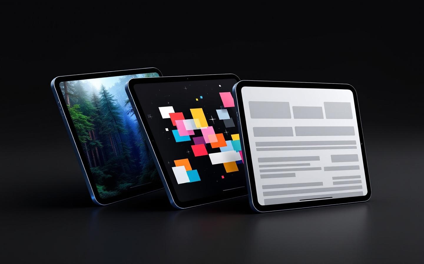 Three iPad screens displaying a photo, a website, and a document — showing KioskFrame's content versatility